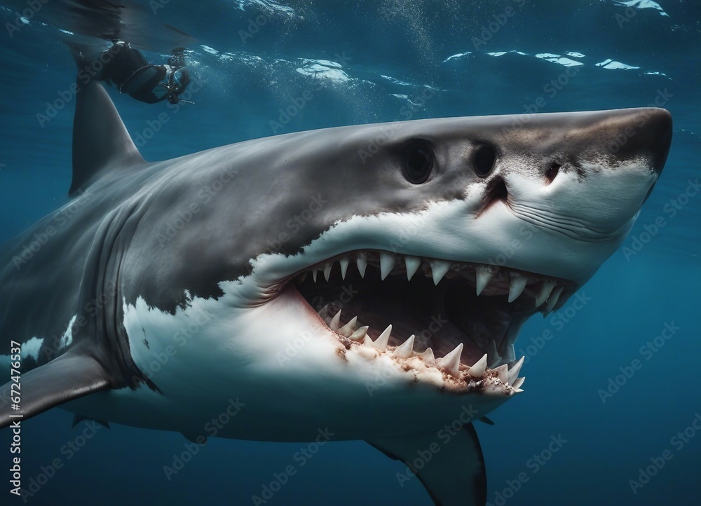 Naklejka premium Great white shark attacks just underwater surface. Wild angry shark jaw