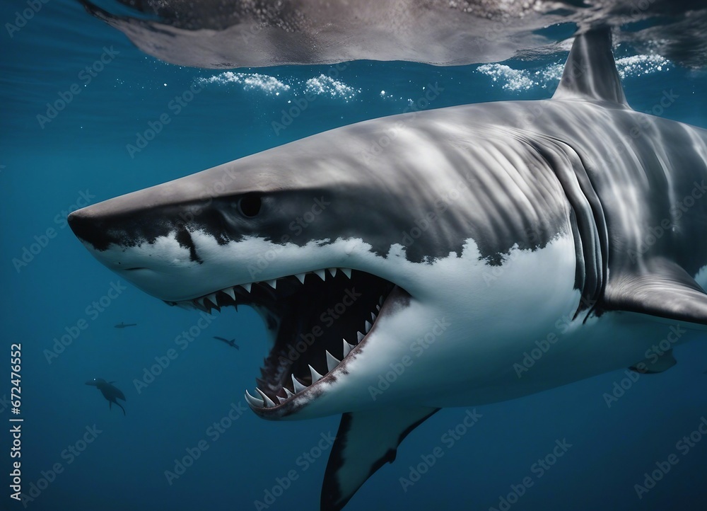 Naklejka premium Great white shark attacks just underwater surface. Wild angry shark jaw