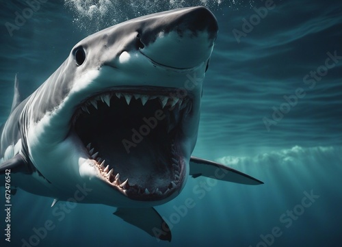 Great white shark attacks just underwater surface. Wild angry shark jaw 