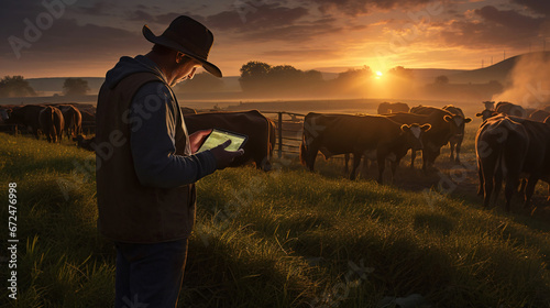 Modern-Day Cow Herding  Embracing Agritech with Digital Tablets Amidst Livestock Farming photo