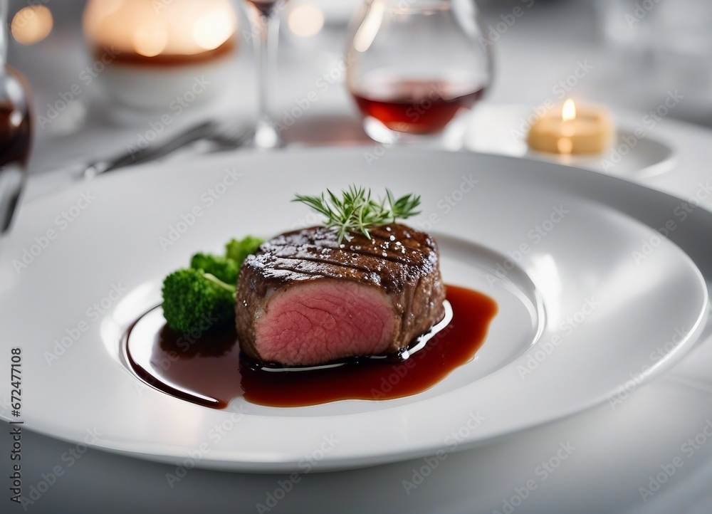 red meat cooked medium rare on a white porcelain plate in a luxury restaurant

