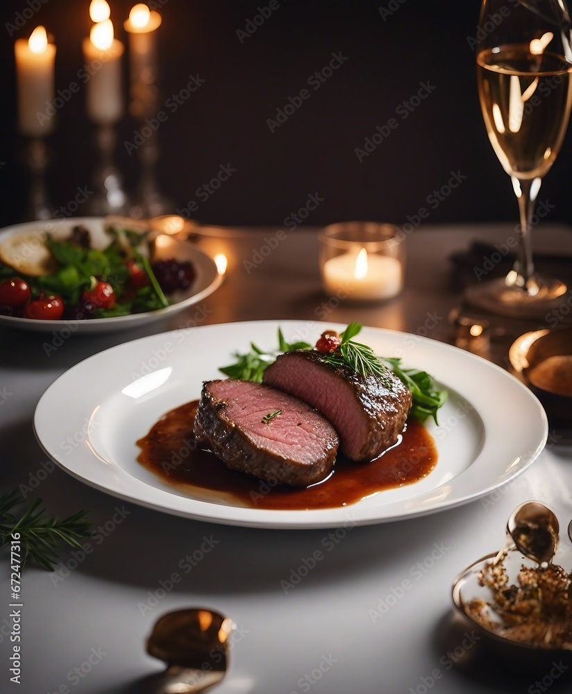 steak meat cooked medium rare on a white porcelain plate in the restaurant
steak meat cooked medium rare on a white porcelain plate in the restaurant