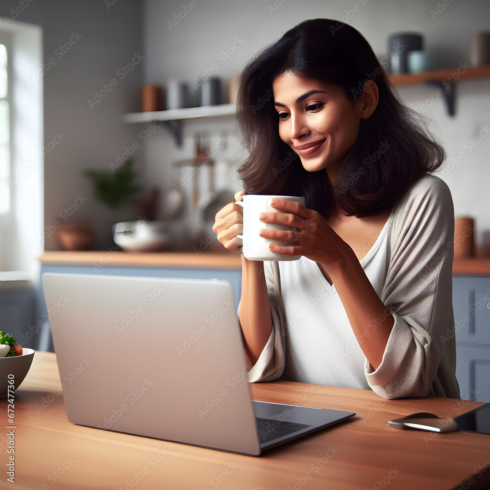 Woman Sitting at Kitchen Table with Laptop Drinking Coffee from a Mug Woman Sitting at Kitchen Table with Laptop Drinking Coffee from a Mug