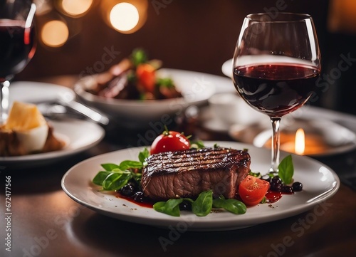 grilled red meat cooked medium rare on a white porcelain plate with a glass of red wine in a luxury restaurant