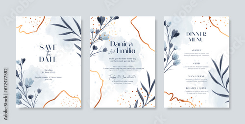 Minimalist wedding invitation with blue watercolor background texture. Beautiful and elegant wedding invitation with watercolor flower. Simple and elegant wedding card template