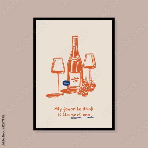 Minimalist hand drawn wine vector illustration collection. Art for for postcards, branding, logo design, background.