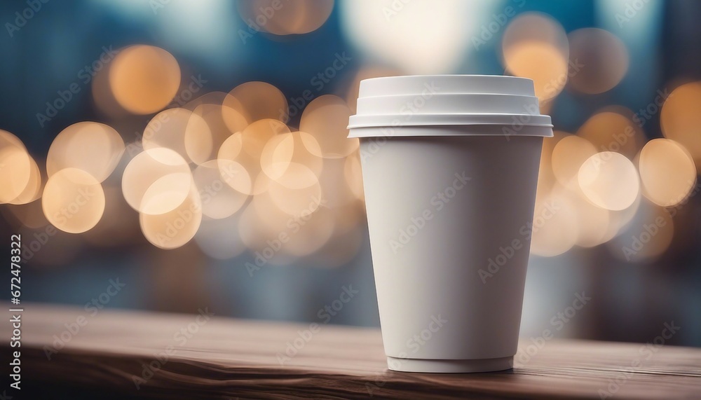 White paper coffee cup on wooden table, blurred city background

