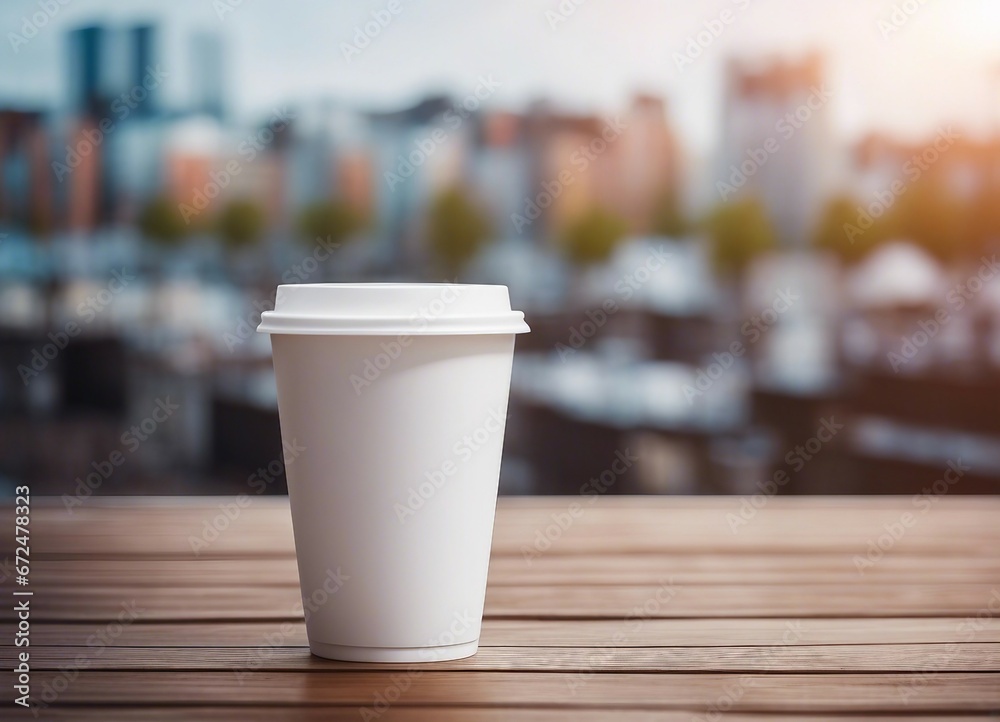 White paper coffee cup on wooden table, blurred city background
White paper coffee cup on wooden table, blurred city background