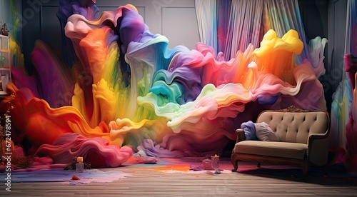 Room with rainbow colors paint explosion, Backdrop for photo studio, room background for an artist or painter photography photo