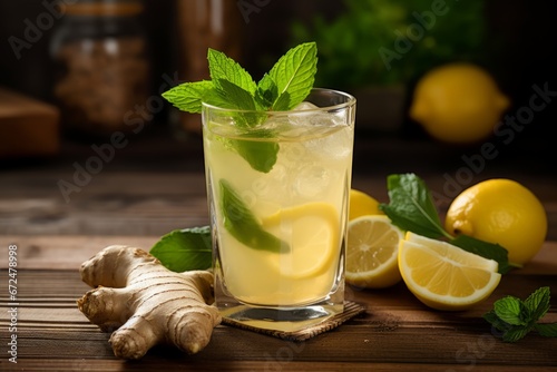 A chilled glass of ginger beer with lemon and mint garnish on a rustic table