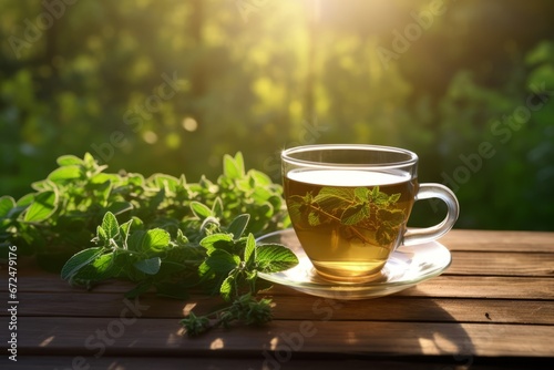Experience tranquility with a freshly made oregano tea resting on an old-fashioned wooden surface in the gentle morning light