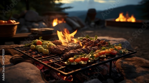 Over the inviting glow of a campfire, delicious meals are prepared using traditional outdoor cooking recipes. Generative AI