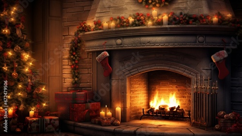A cozy fireplace adorned with stockings and garlands  spreading warmth on Christmas Eve.