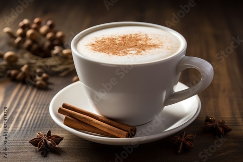 A steaming hot mug of homemade cinnamon milk resting on a rustic table during breakfast time