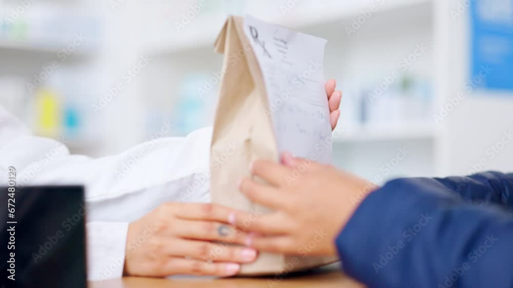 Healthcare worker explaining dosage instructions to a woman collecting a bag of over the counter and prescription medication in a drug store. Pharmacist helping a customer with medicine in a pharmacy