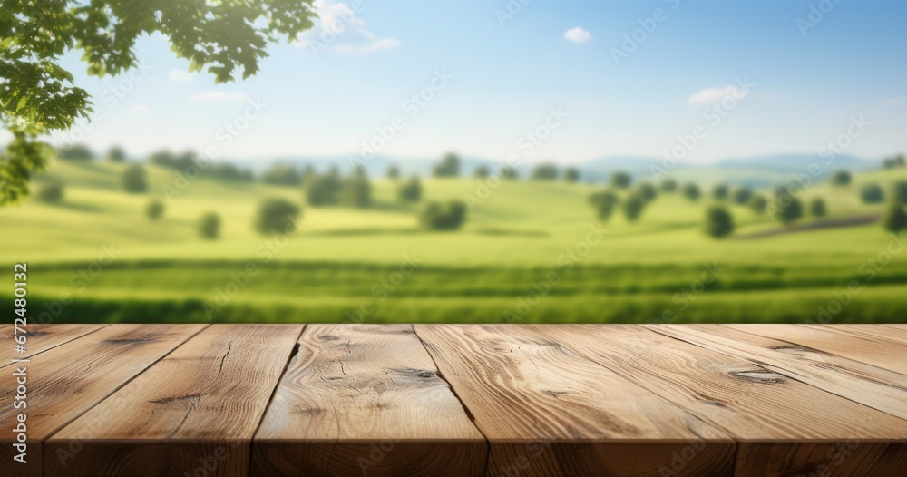 Country Charm. Unoccupied Wooden Table Highlighted by Meadow Vistas. Concept of blank space for advertising product. Generative AI Country Charm. Unoccupied Wooden Table Highlighted by Meadow Vistas. Concept of blank space for advertising product. Generative AI