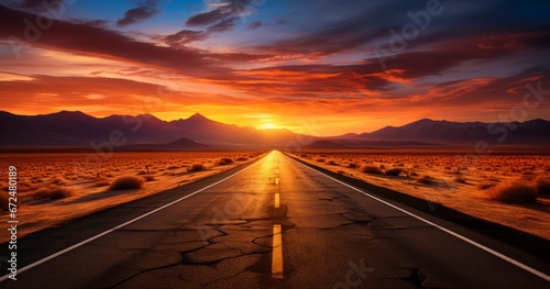 Straight forward road trip travel leading to sunset with the desert on the left and right and future vision concept, Generative AI © Kingboy
