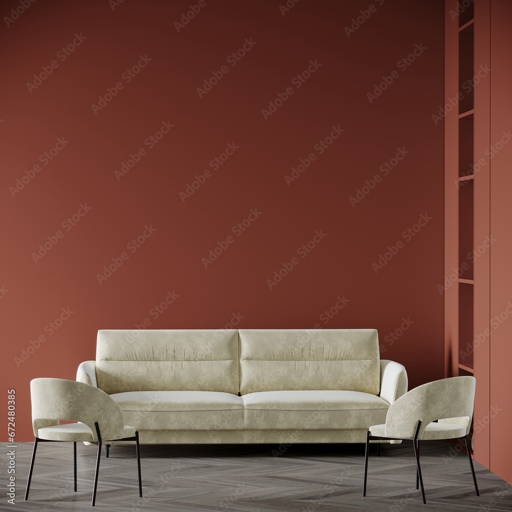 Terracotta orange living room. Lounge area chairs, sofa accent ivory velor. Empty painted wall mockup scene as background for art. Modern interior design room home or hotel, office. 3d rendering Terracotta orange living room. Lounge area chairs, sofa accent ivory velor. Empty painted wall mockup scene as background for art. Modern interior design room home or hotel, office. 3d rendering