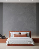 Premium bedroom in pastel tones of gray and orange. Terracotta velor bed and textured microcement wall background. Accent modern interior design room home or hotel. Mockup for art or decor. 3d render