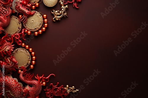 Chinese New Year border with dragon , dark red background for flat lay, generative ai