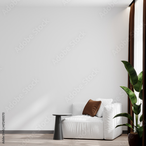 Living room with white empty walls - light mockup for canvas art. Accent brown pillow and curtain details. Scandinavian modern minimal interior design lounge livingroom home or office. 3d rendering photo