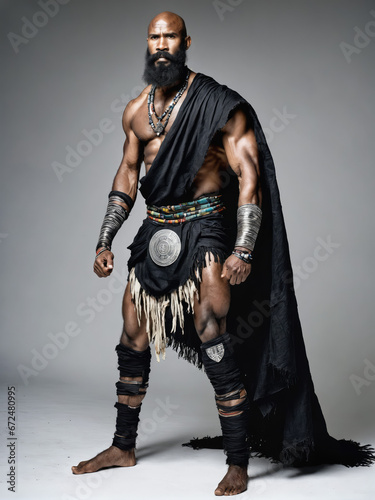 Ai generated image of a fantasy strong African man wearing a long black cloth as a cape with tribal jewelries and a long dark beard , isolated on a bright background 