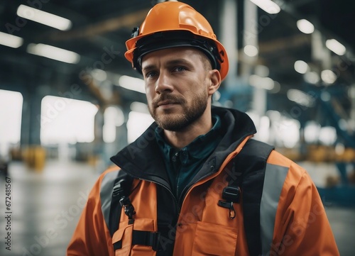 Portrait of a seaport worker, the harbor is blurred in the background 