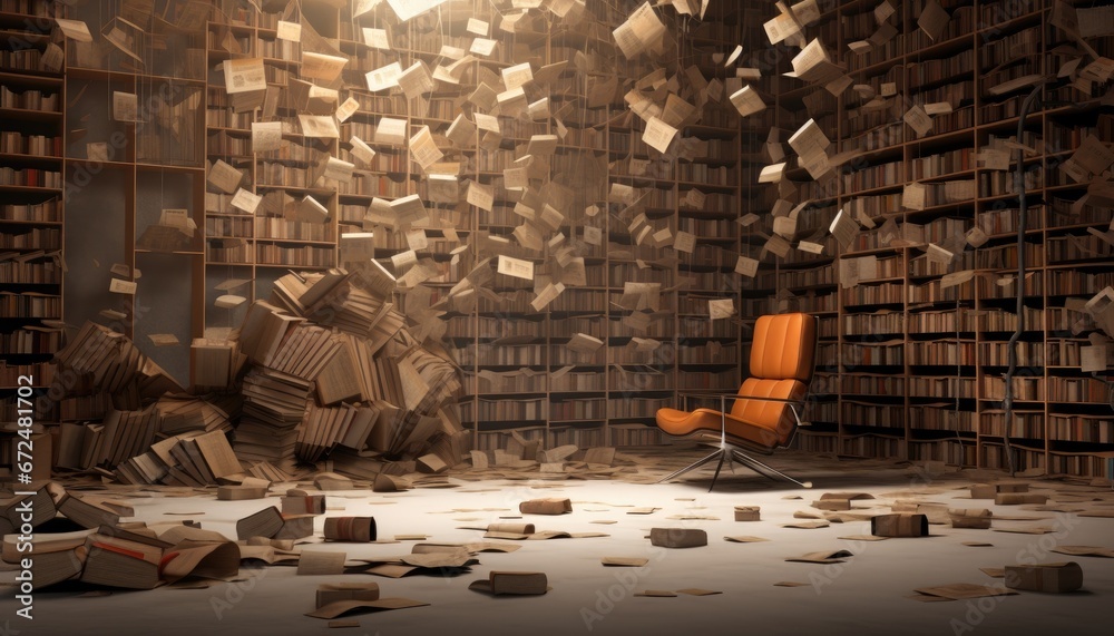 Room background for a writer or book lover portrait, room with books and chair, backdrop for photo studio,  - obrazy, fototapety, plakaty 