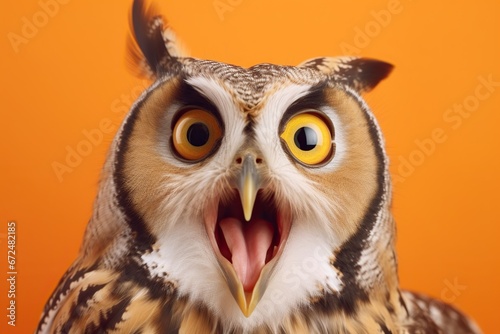 Studio portrait of shocked owl with surprised eyes photo