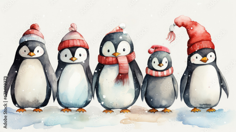 Fototapeta premium Watercolor penguins in winter attire preparing for the festive season. Perfect for Christmas cards or holiday decorations. 