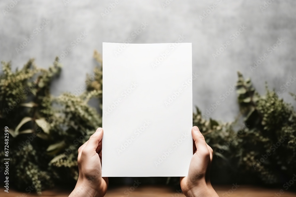 Hand holding white blank paper sheet mockup, isolated. Arm in shirt hold clear brochure template mock up. Leaflet document surface design. Simple pure print display show. generative ai. - obrazy, fototapety, plakaty 