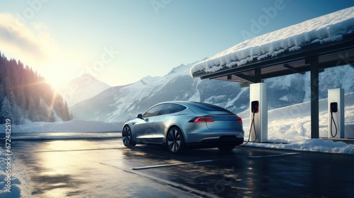 A sleek silver car stands at a charging station amidst a snow-covered landscape, with towering mountains and dense forests in the backdrop, bathed in the golden light of the setting sun.