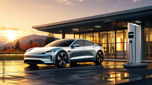 A silver electric car is parked,  near a charging station, modern glass-fronted building during sunset, surrounding mountainous landscape and reflect off the car's polished surface © DigitalArt