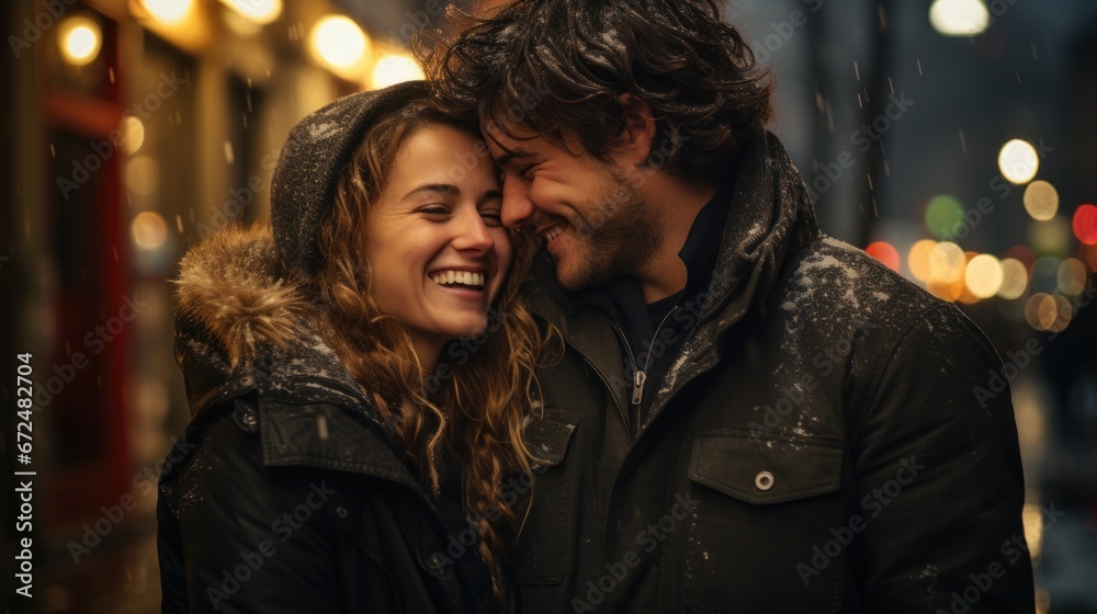 A close-up of a joyful couple, huddled close under the snowy ambiance of a lit city street, sharing a moment of intimacy.