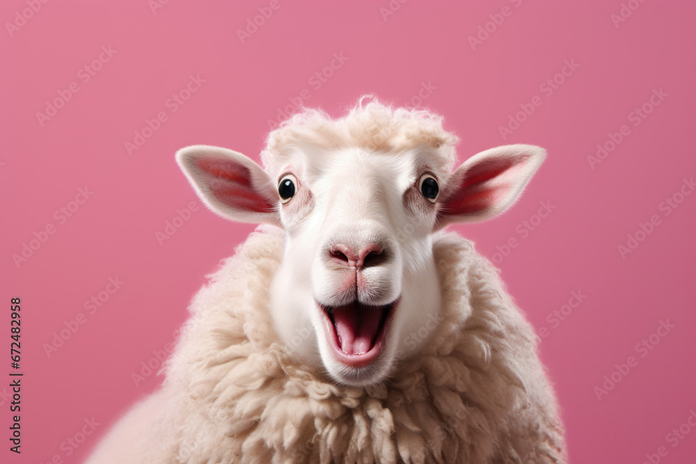 Fototapeta premium Studio portrait of shocked sheep with surprised eyes