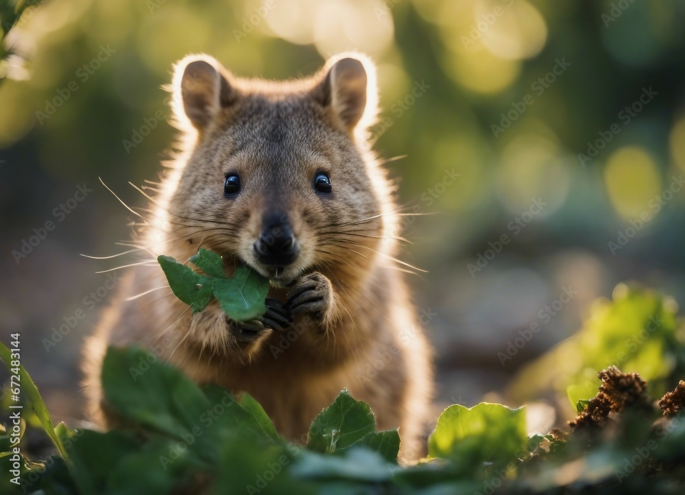 portrait of happy Quokka eating green leaves at the nature

