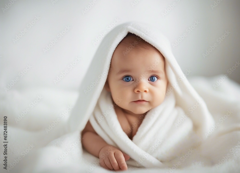 portrait of three month old baby with dark blue eyes wrapped in a white towel
portrait of three month old baby with dark blue eyes wrapped in a white towel