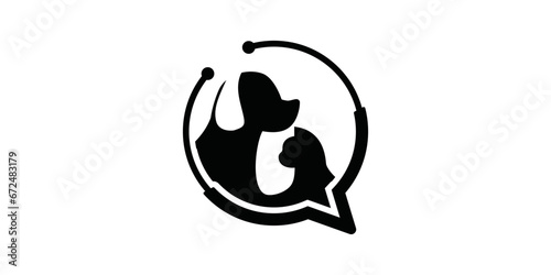dog and cat health consultation chat logo design. vector design illustration of dog and cat element symbol with stethoscope in chat bubble shape. pet care white linear style. logo for pets