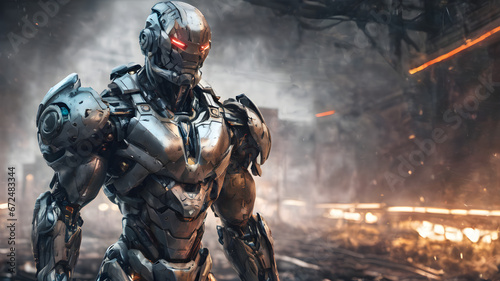 Close-up of a robot cyborg standing in a forest. The robot is made of metal and has a sleek, futuristic design. The robot is looking directly at the camera with a determined expression on its face