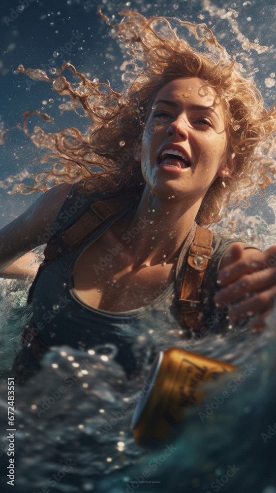 Portrait of a beautiful young woman in the sea with splashes generativa IA
