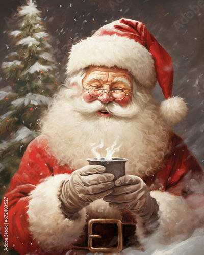 Santa Claus holding a cup of hot cocoa, Christmas, winter, generative ai