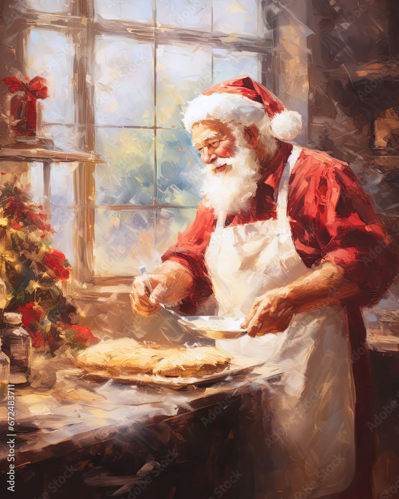 Santa Claus baking in a kitchen, festive, vintage, Christmas, holiday art, generative ai
