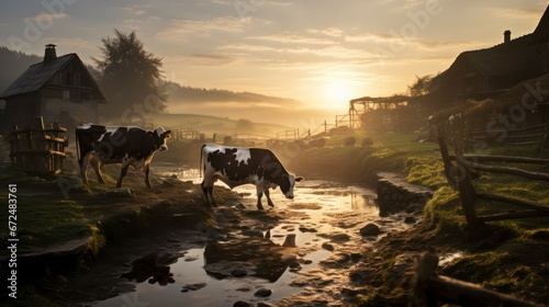 A Glimpse into Morning Moments on a Cattle Farm. The Essence of Dawn on a Rural Cattle Farm. Generative AI © Kingboy