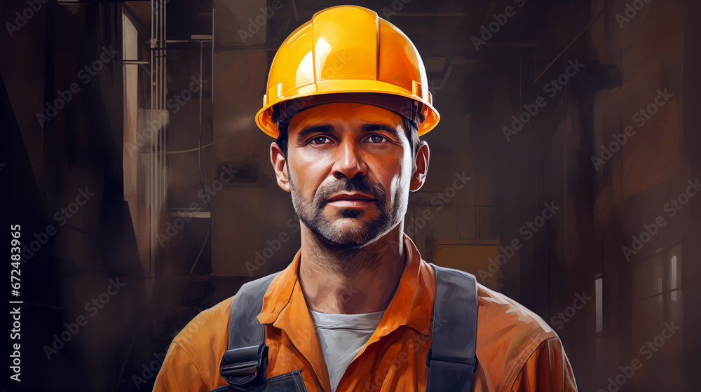 Portrait of a construction worker. Male builder in yellow helmet. Warehouse worker in uniform. Colorful background. Created using AI generation - obrazy, fototapety, plakaty 