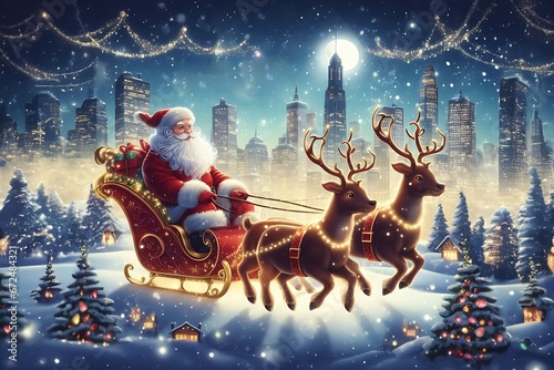 Santa Claus riding a sleigh pulled by reindeers against snowy landscape