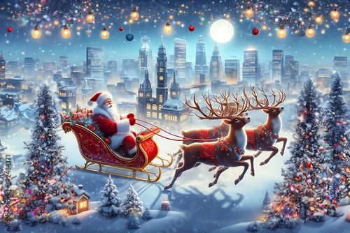 Santa Claus rides on a sleigh with reindeers against the background of the night city.