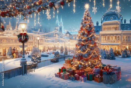 Christmas and New Year holidays background with Christmas tree and gifts in the city