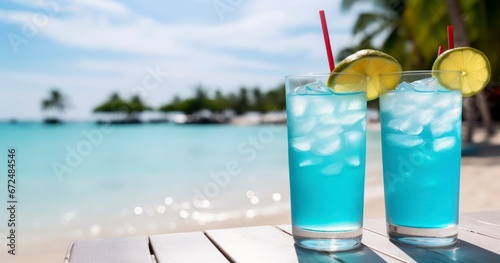 A Refreshing Blue Cocktail Awaits on a Crisp White Table, Set Against the Mesmerizing Dance of Sunlight on Ocean Waves. Generative AI