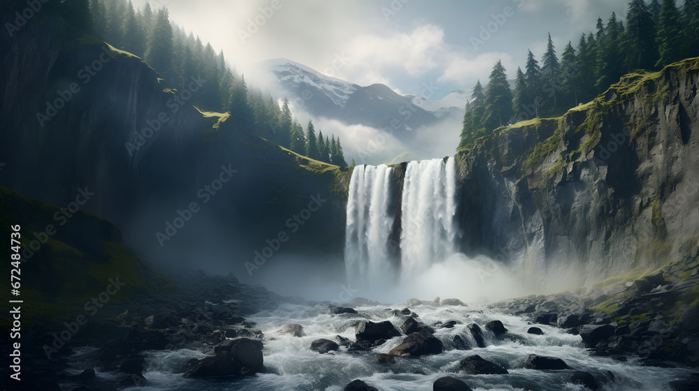 Fototapeta premium Towering waterfall cascading down rugged cliffs, its powerful roar echoing through the surrounding wilderness. Generative Ai.NO.02