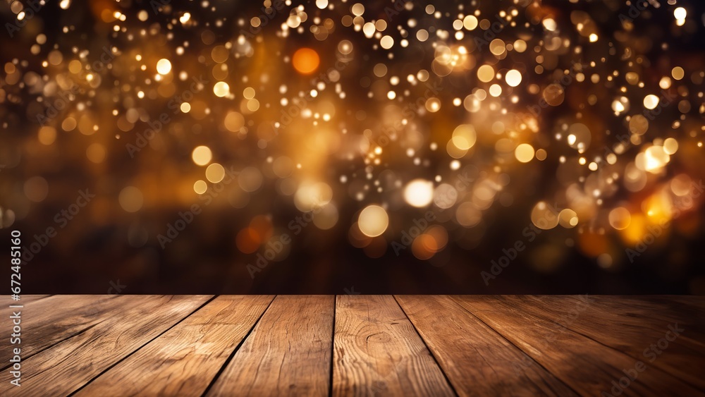 Empty wooden table with Christmas photo backdrop
